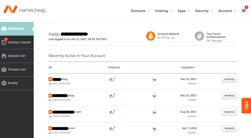 Namecheap account dashboard