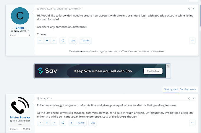 Screenshot of NamePros' online forum showing a conversation about the auction sites GoDaddy and Afternic