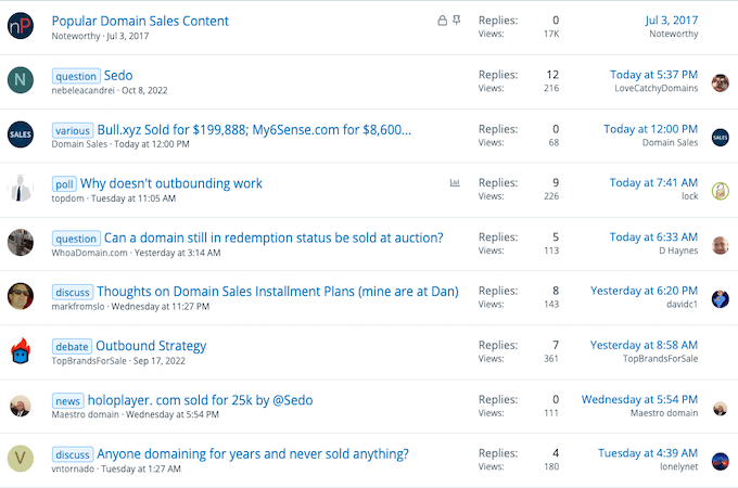 A screenshot showing the wealth of conversations under the NamePros Domain Buying and Selling topic.