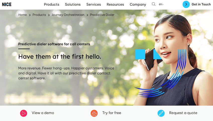 Screenshot of NICE predicitive dialer landing page.