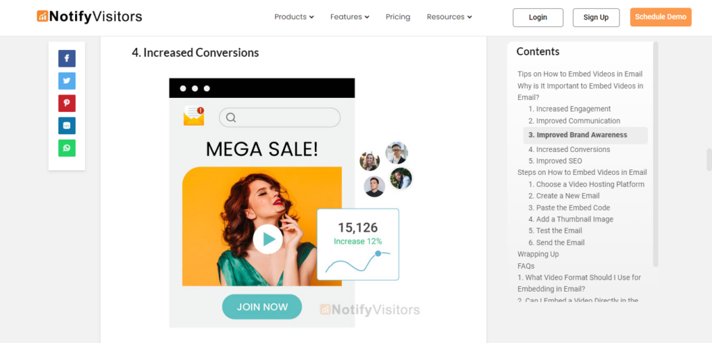 Screenshot of Notify Visitors websites with an image highlighting an increase in conversions. 