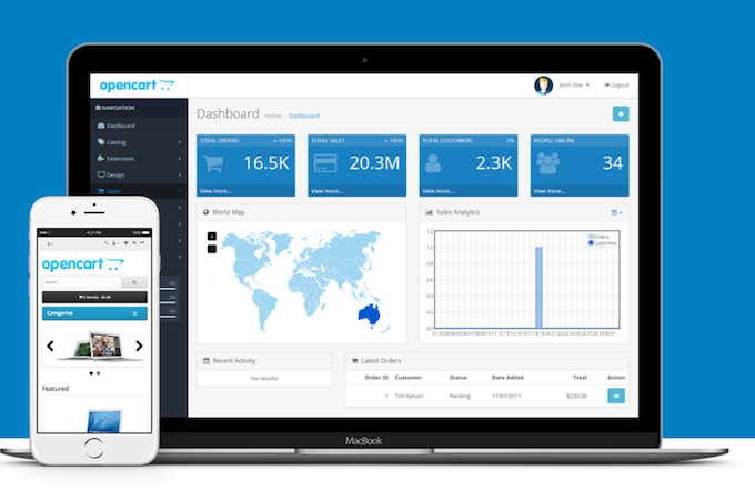 Screenshot of OpenCart analytics on laptop and cell phone