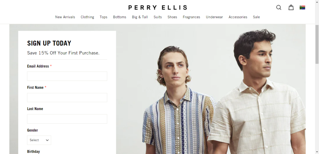 Screenshot of Perry Ellis brand homepage highlighting their introduction offer on sign-up.