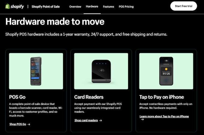 Screenshot of Shopify mobile POS hardware page.