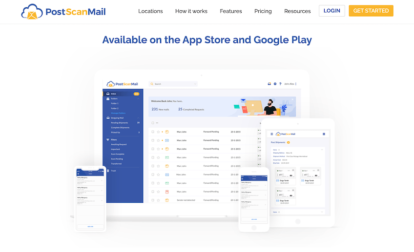 PostScan Mail shown on a computer, smartphone, and tablet