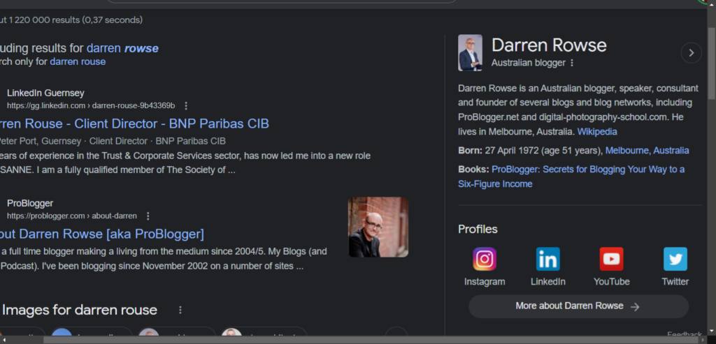 Darren Rouse Google search showcases his social media present - bottom right icons for Instagram, LinkedIn, YouTube, and X (Twitter). 