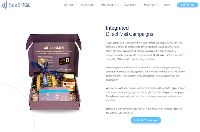 SaaSMQL Direct Mail landing page.