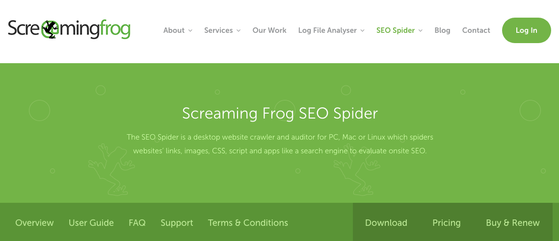 A screenshot of the screaming frog landing page. 