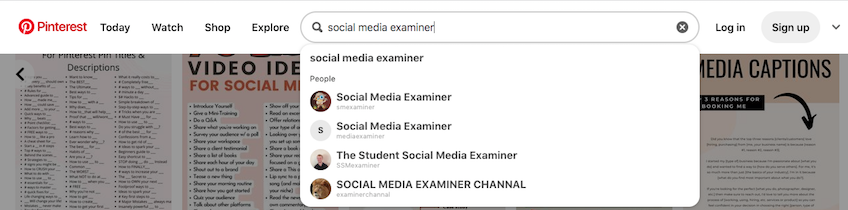 Pinterest search example.