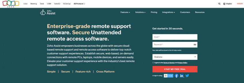 Zoho Assist remote support software sign up page.