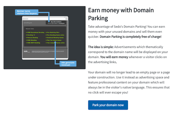 Screenshot from Sedo's website describing their domain parking services.