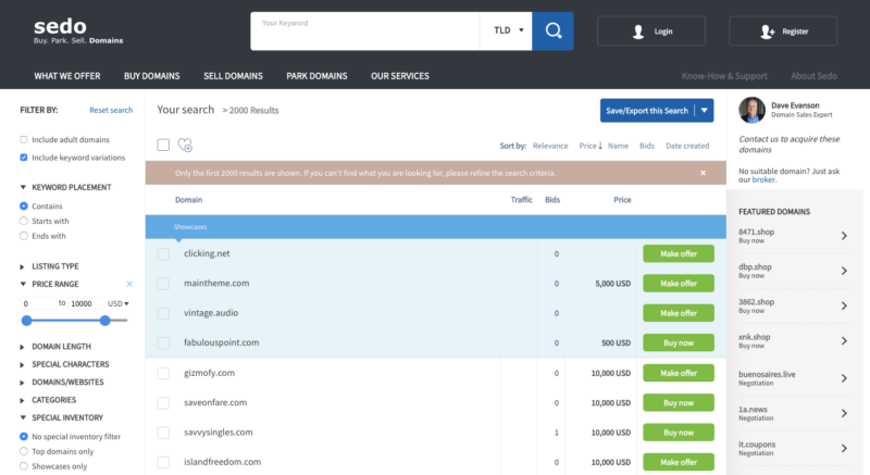 Sedo domain purchase flow