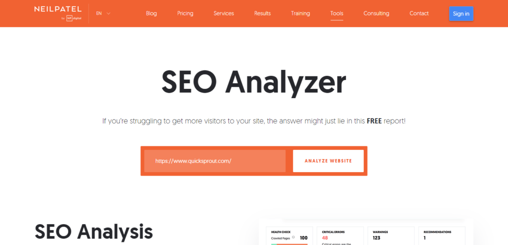 Neil Patel SEO Analyzer homepage