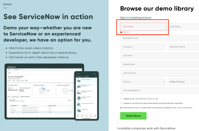 A screenshot of the ServiceNow demo request form.