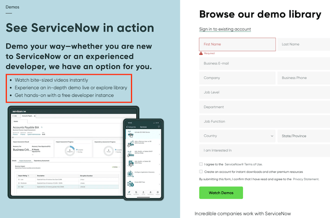 A screenshot of ServiceNow demo signup screen.