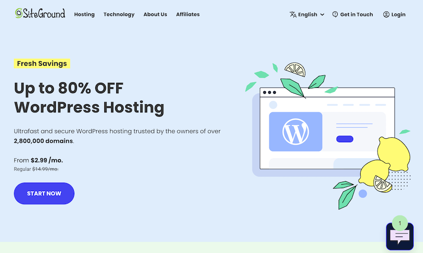 SiteGround's WordPress hosting landing page