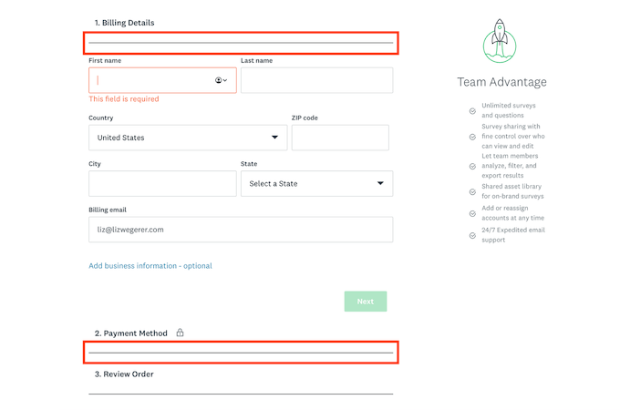 A screenshot of the SurveyMonkey payment screen.