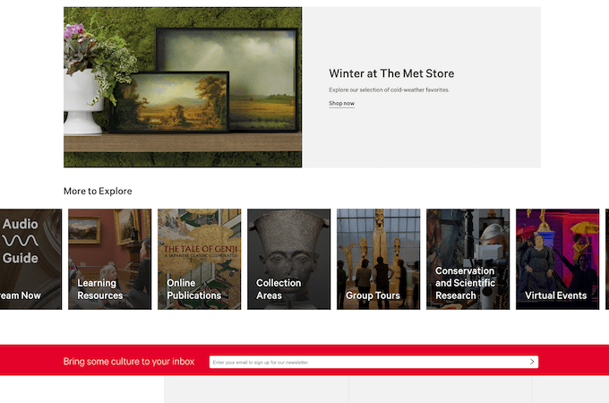 A screenshot of The Met’s homepage showing eight cards that act as links between web pages.