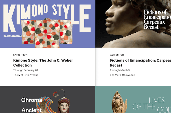 A screenshot showing The Met’s website and a showcase of four different exhibits.