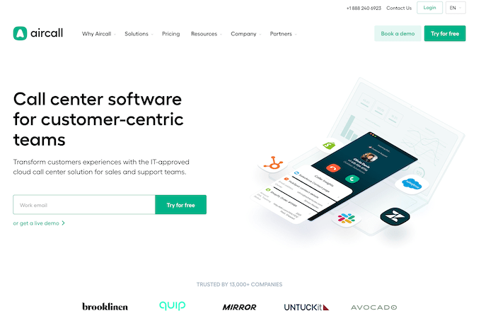 Screenshot of Aircall home page with headline that says, "Call center software for customer-centric teams" and a field to enter your email to try for free