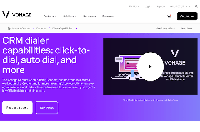 Vonage CRM dialer landing page.