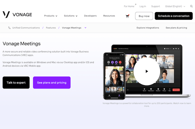 Vonage Meetings landing page with video conference shown on a smartphone and laptop
