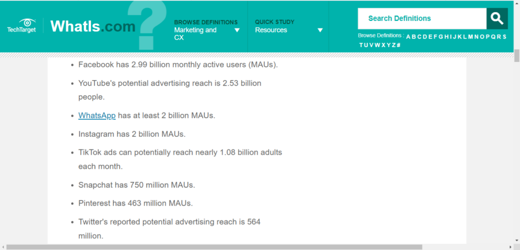 Screenshot of Whats.com data of monthly users on the most popular social media platforms that host video content. 