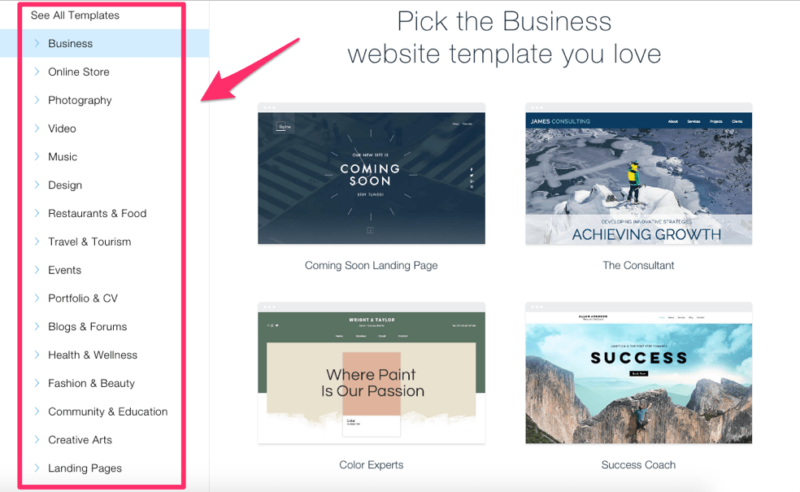 Wix Website template categories