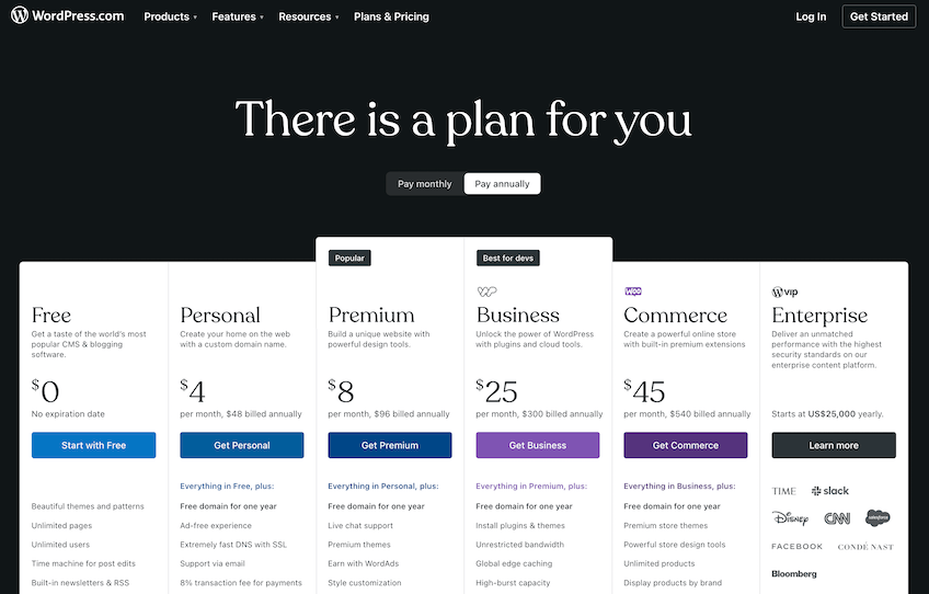 Screenshot of WordPress pricing table