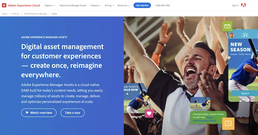 Screenshot of Adobe Experience Manager Assets landing page with a picture of a fan cheering at a baseball game