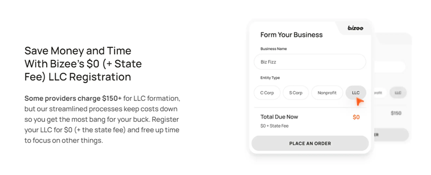 Screenshot from Bizee's free LLC webpage