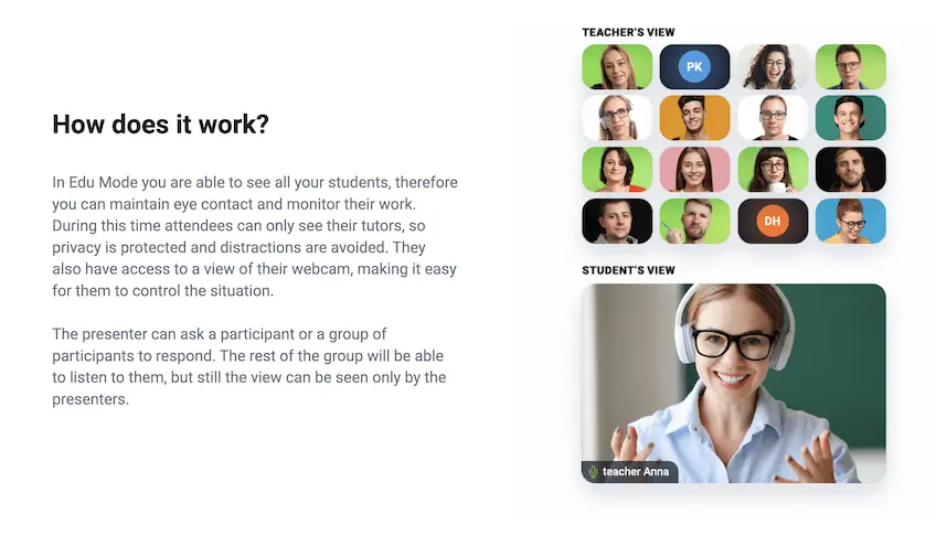 Explanation of how ClickMeeting's EDU mode works, while showing the teacher's view and student's view of a presentation