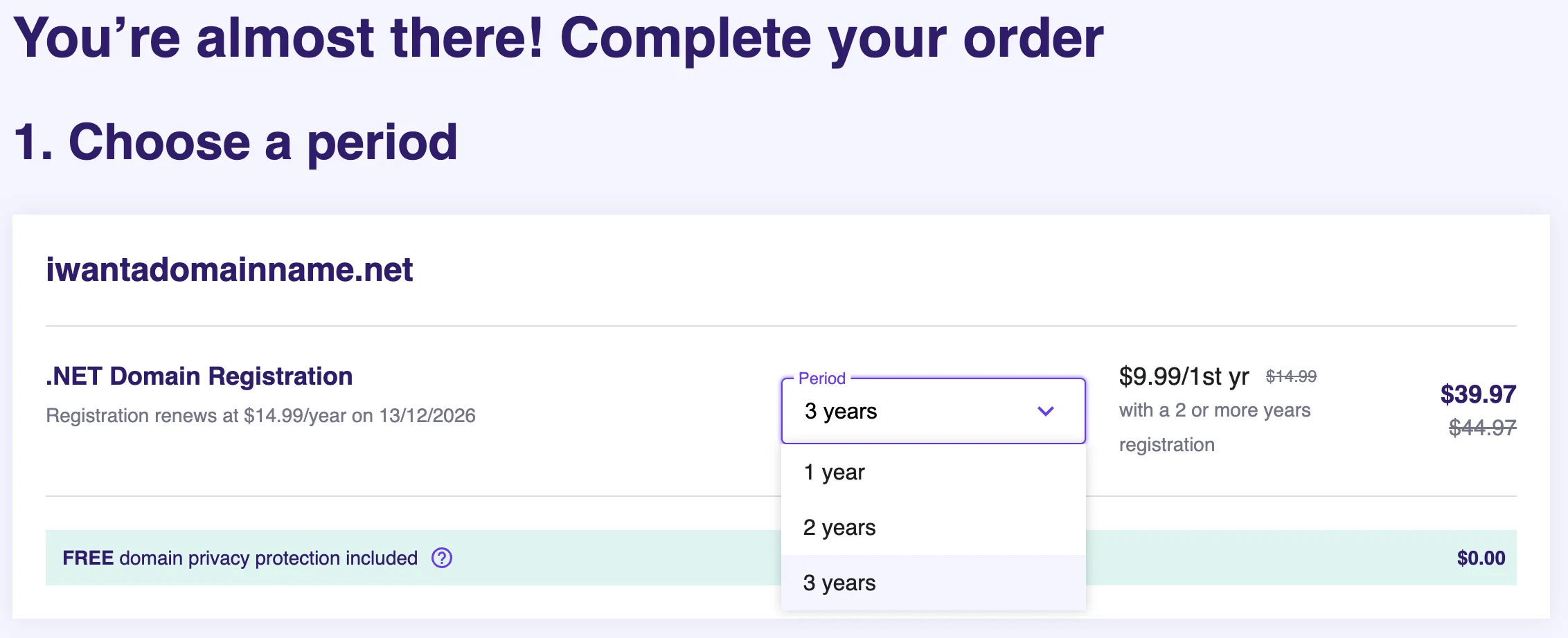 Image of Hostinger's checkout page where you choose the length of domain-name registration.