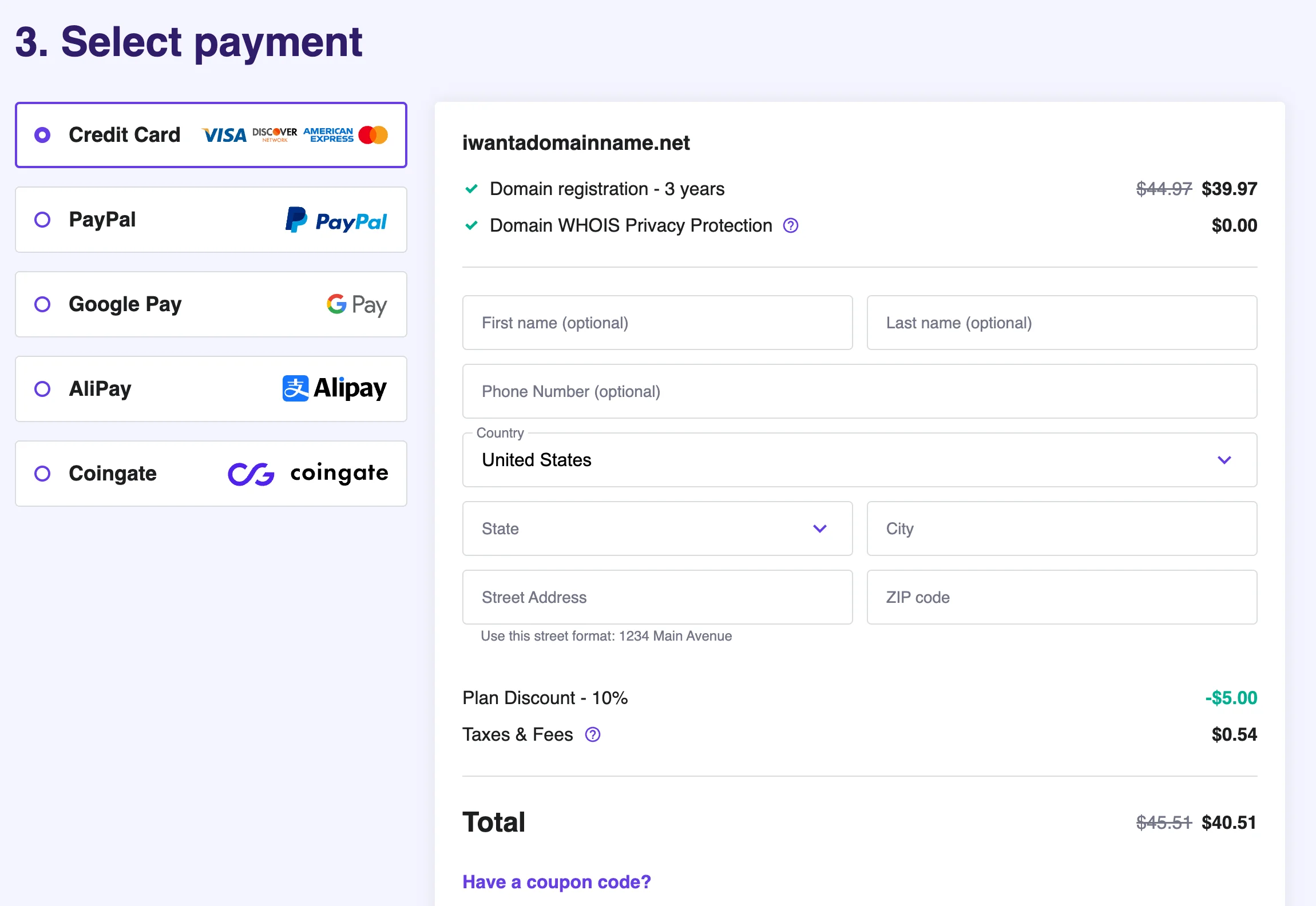 Hostinger domain name checkout page.