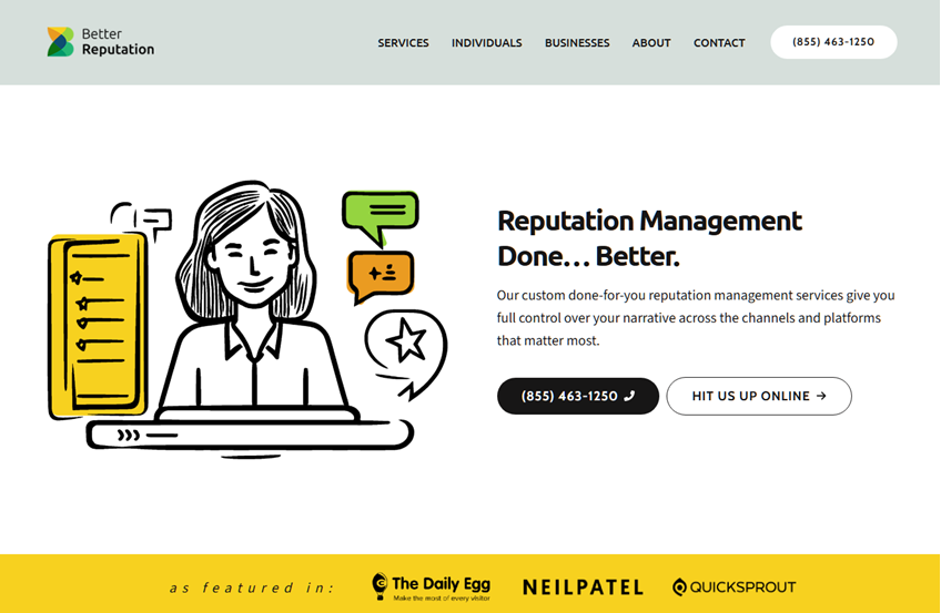 BetterReputation's home page, which reads Reputation Management Done... Better. 