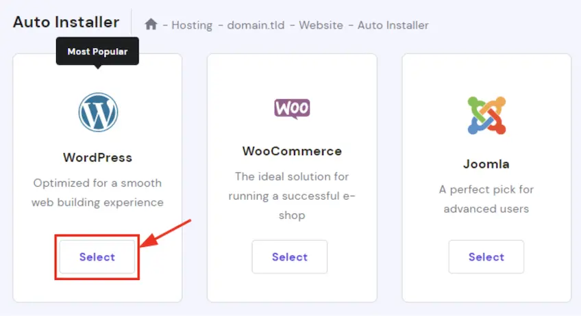 Hostinger's Auto Installer screen with WordPress selected