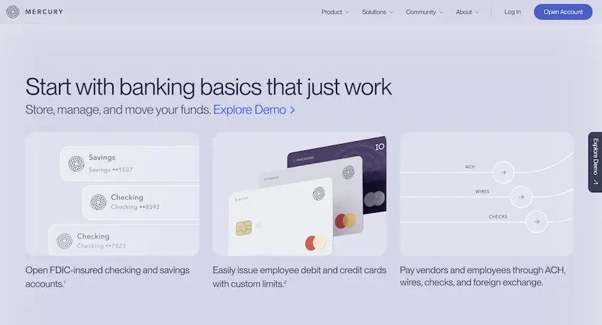 Screenshot of Mercury home page showing features for checking, savings, debit cards, credit cards, and vendor payments.