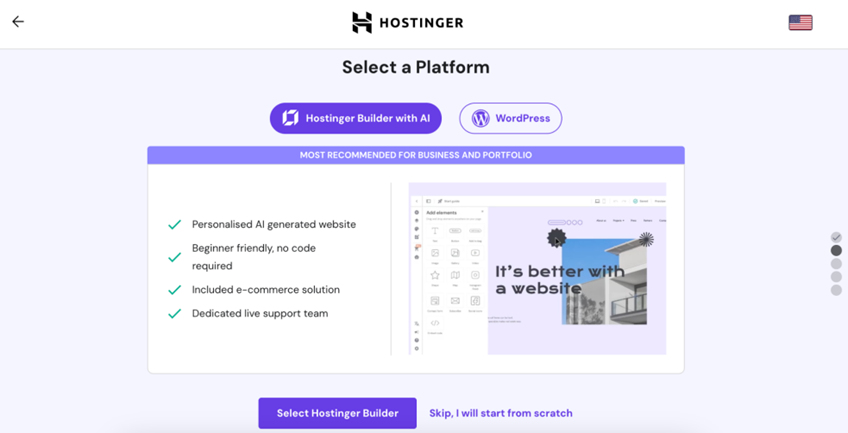 Choose between WordPress or Hostinger's Website Builder