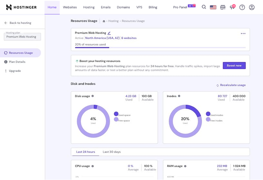 Hostinger resources usage screen showing server resource allocation and utilization.