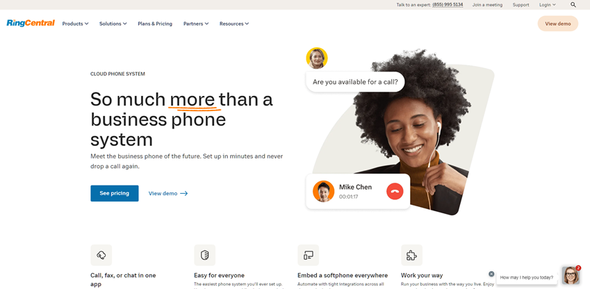 RinggCentral's cloud system landing page. Text says So much more than a business phone system