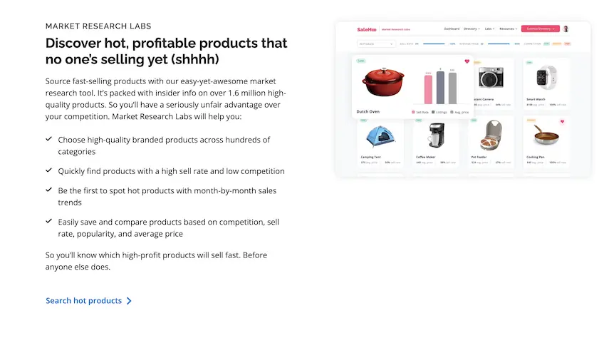 Screenshot of SaleHoo's market research feature with a bullet list of its features