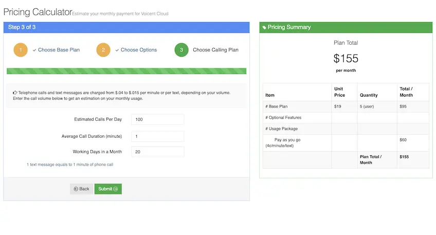 Screenshot of Voicent's pricing calculator